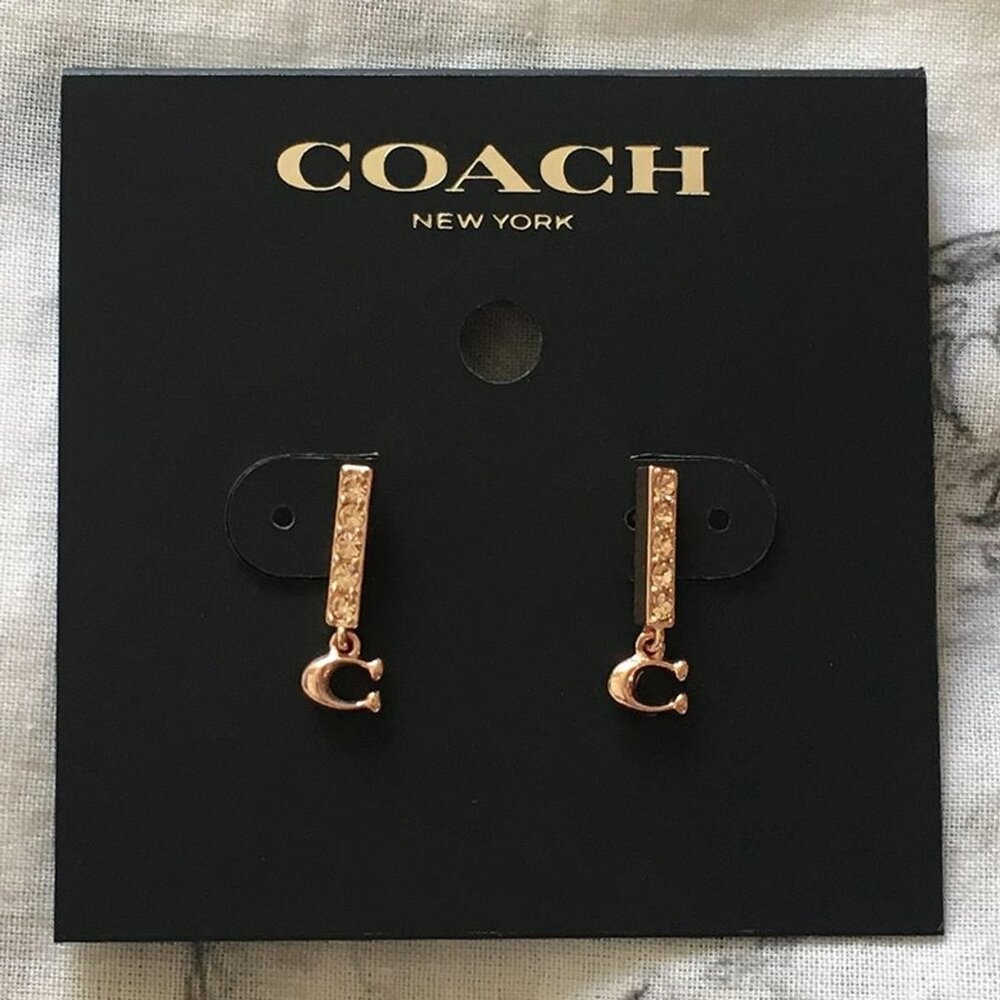 Coach Rose Gold Signature "C" Logo Pave Bar Stud Earrings NWT $68